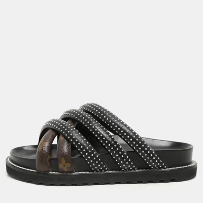 Pre-owned Louis Vuitton Black Monogram Canvas And Leather Slide Sandals Size 37