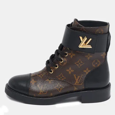 Pre-owned Louis Vuitton Black Monogram Canvas And Leather Wonderland Flat Ranger Boots Size 38