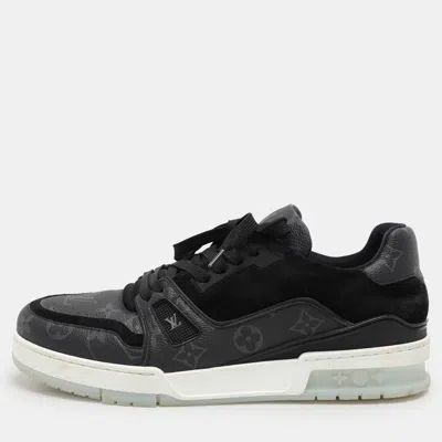 Pre-owned Louis Vuitton Black Monogram Eclipse Canvas And Suede Lv Trainer Low Top Sneakers Size 41