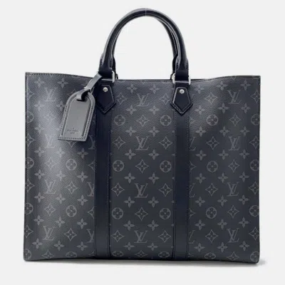 Pre-owned Louis Vuitton Black Monogram Eclipse Sac Plat 24h Tote In Blue