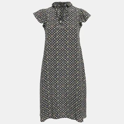 Pre-owned Louis Vuitton Black Monogram Print Chiffon Ruffled Mini Dress M