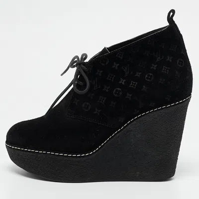Pre-owned Louis Vuitton Black Monogram Suede Wedge Ankle Boots Size 36