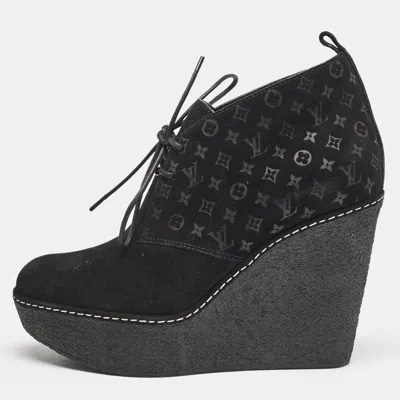 Pre-owned Louis Vuitton Black Monogram Suede Wedge Ankle Boots Size 36