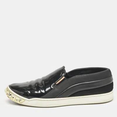 Pre-owned Louis Vuitton Black Patent And Leather Studded Tempo Slip On Sneakers Size 38