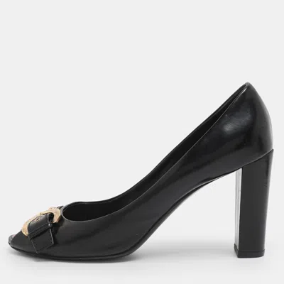 Pre-owned Louis Vuitton Black Patent Leather Buckle Peep Toe Pumps Size 38
