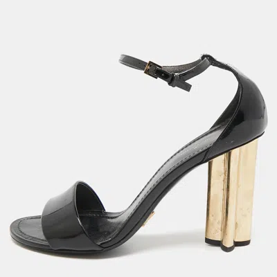 Pre-owned Louis Vuitton Black Patent Leather Flower Heel Ankle Strap Sandals Size 39