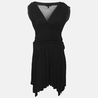 Pre-owned Louis Vuitton Black Pleated Jersey Belted Mini Dress L