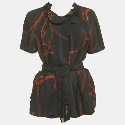 Pre-owned Louis Vuitton Black Printed Silk Tie Waist Short Sleeve Blouse S
