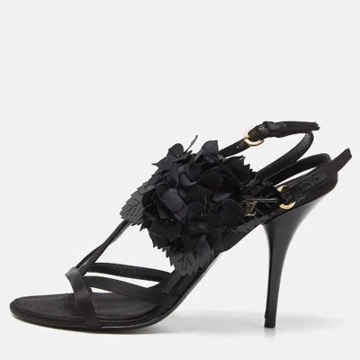 Pre-owned Louis Vuitton Black Satin And Patent Leather Flower Embellished Ankle Strap Sandals Size 38.5