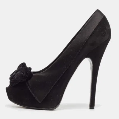 Pre-owned Louis Vuitton Black Satin And Suede Peep Toe Platform Pumps Size 39.5