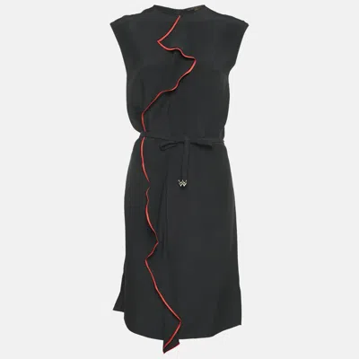 Pre-owned Louis Vuitton Black Silk Contrast Trim Detail Belted Midi Dress M