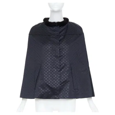 Pre-owned Louis Vuitton Black Silk Monogram Jacquard Mink Fur Collar Cloak Cape Fr34 Xs