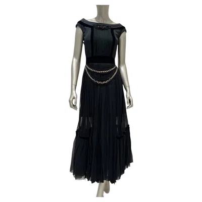 Pre-owned Louis Vuitton Black Silk Pleated Midi Dress With Chain Details Sz 36