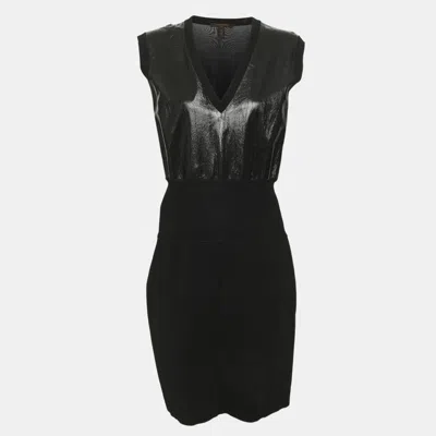 Pre-owned Louis Vuitton Black Stretch Knit And Patent Leather Knee Length Dress M