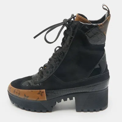 Pre-owned Louis Vuitton Black Suede And Monogram Canvas Laureate Desert Boots Size 39