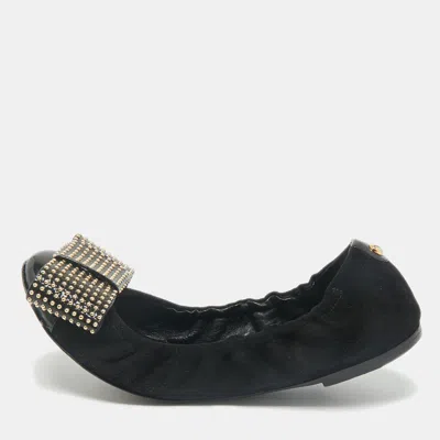 Pre-owned Louis Vuitton Black Suede And Patent Leather Mimi Studded Bow Scrunch Ballet Flats Size 37
