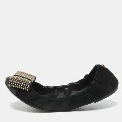 Pre-owned Louis Vuitton Black Suede And Patent Leather Mimi Studded Bow Scrunch Ballet Flats Size 38
