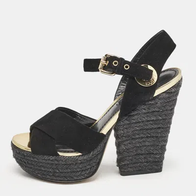 Pre-owned Louis Vuitton Black Suede Espadrille Platform Sandals Size 35