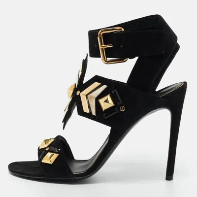 Pre-owned Louis Vuitton Black Suede Flower Embellished Ankle Strap Sandals Size 39.5