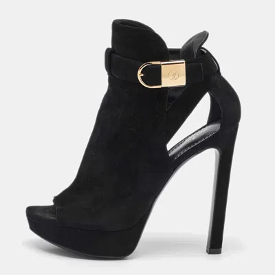 Pre-owned Louis Vuitton Black Suede Open Toe Platform Boots Size 37.5