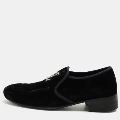 Pre-owned Louis Vuitton Black Velvet Logo Embroidered Slip On Loafers Size 41.5