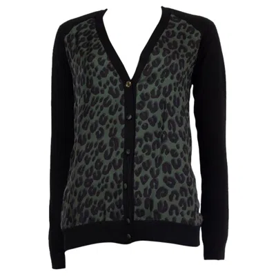 Pre-owned Louis Vuitton Black Wool & Green Leopard Silk Front Cardigan Sweater M