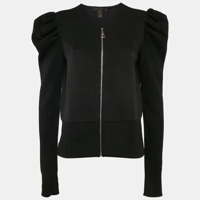 Pre-owned Louis Vuitton Black Wool Blend Knit Zip-up Puff Sleeve Top L