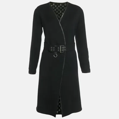 Pre-owned Louis Vuitton Black Wool Open Front Belted Leather Trim Coat S
