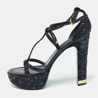 Pre-owned Louis Vuitton Black/blue Sequins Platform Ankle Strap Sandals Size 36.5