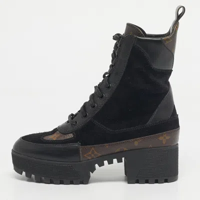 Pre-owned Louis Vuitton Black/brown Monogram Canvas And Suede Laureate Platform Desert Ankle Boots Size 36