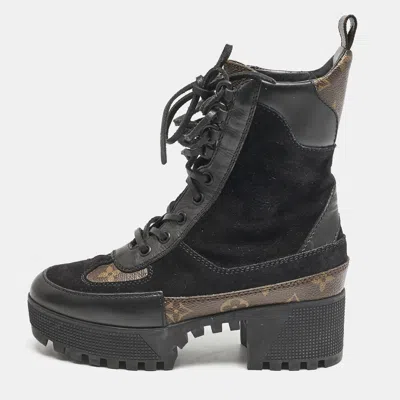 Pre-owned Louis Vuitton Black/brown Suede And Monogram Canvas Laureate Desert Boots Size 34