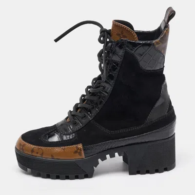 Pre-owned Louis Vuitton Black/brown Suede And Monogram Canvas Laureate Desert Boots Size 36.5