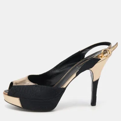 Pre-owned Louis Vuitton Black/gold Leather And Fabric Ankle Strap Platform Sandals Size 37.5