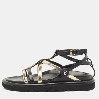 Pre-owned Louis Vuitton Black/gold Monogram Canvas And Leather Monogram Pool Pillow Comfort Flat Sandals Size 39