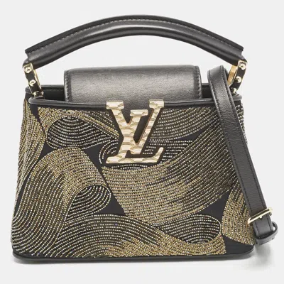 Pre-owned Louis Vuitton Black/gold Satin Beaded Embroidered Cruella Capucines Mini Bag
