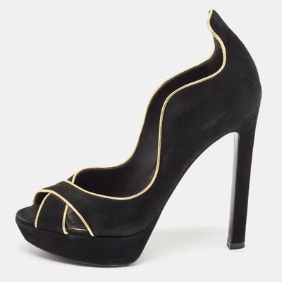 Pre-owned Louis Vuitton Black/gold Suede Crisscross Peep Toe Pump Size 37.5
