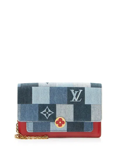 Pre-owned Louis Vuitton Blue & Red Denim & Leather Patchwork Flore Chain Wallet  (authentic Pre-loved)