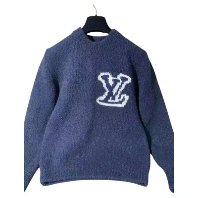 Pre-owned Louis Vuitton Blue Brushed Knit Intarsia Lv Logo Oversized Crewneck Sweater