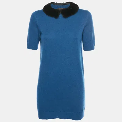 Pre-owned Louis Vuitton Blue Cashmere Knit Mink Collared Dress Xs