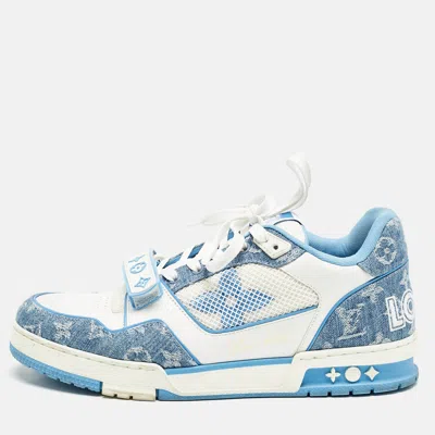 Pre-owned Louis Vuitton Blue Denim And Leather Lv Trainer Low Top Sneakers Size 42