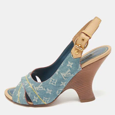 Pre-owned Louis Vuitton Blue Denim And Leather Slingback Sandals Size 36