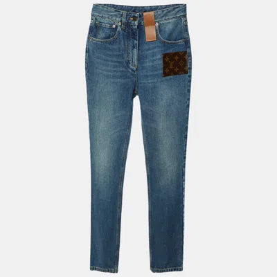 Pre-owned Louis Vuitton Blue Denim Monogram Patch High Waist Jeans S