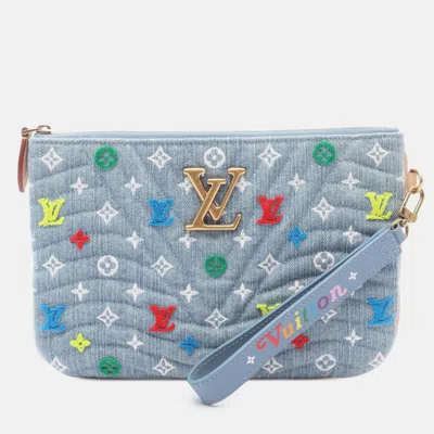 Pre-owned Louis Vuitton Blue Embroidered Monogram Denim New Wave Zipped Pochette