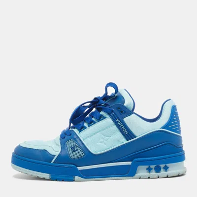 Pre-owned Louis Vuitton Blue Fabric And Monogram Leather Lv Trainer Sneakers Size 41.5