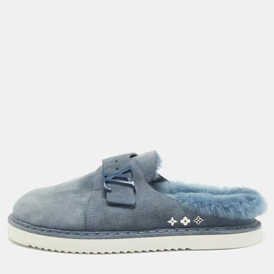 Pre-owned Louis Vuitton Blue Fur And Suede Easy Mules Size 41