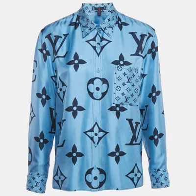 Pre-owned Louis Vuitton Blue Giant Monogram Print Silk Button Front Shirt M