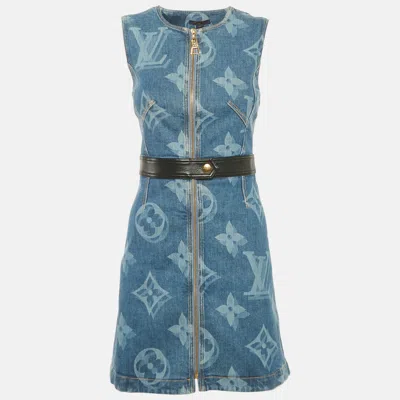 Pre-owned Louis Vuitton Blue Logo Print Denim Mini Dress S