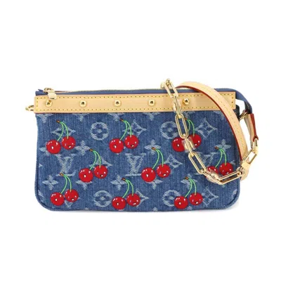 Pre-owned Louis Vuitton Blue Monogram Cherry Red Color Denim Handbag Pochette Shoulder Bag ()