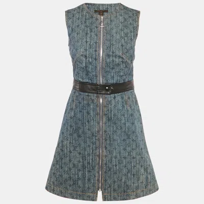 Pre-owned Louis Vuitton Blue Monogram Denim Leather Trim Mini Dress S