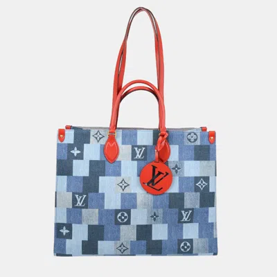 Pre-owned Louis Vuitton Blue Monogram Denim Onthego Gm Tote Bag